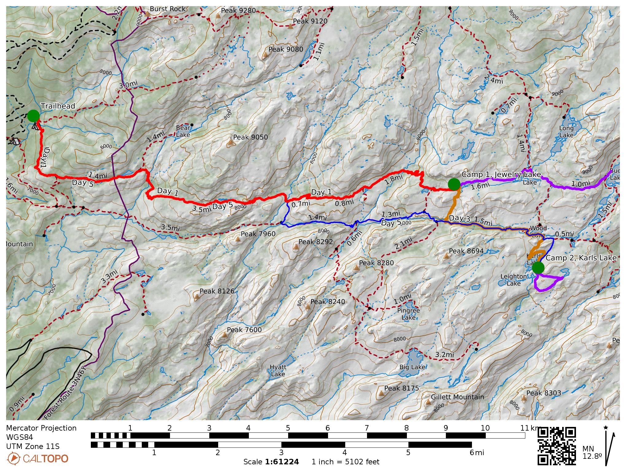 contour map including path lines by day